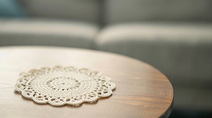 Naklejka premium Crocheted Doily on Wooden Table, Cozy Home Decor