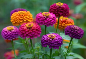 Fototapeta premium Vibrant zinnia flowers in various shades of orange, pink, and purple