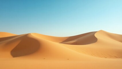Beautiful Sand Dunes in the Gobi Desert, Mongolia &ndash; Sweeping Curves and Golden Tones Under Clear Blue Sky with Soft Sunlit Shadows, Vast and Tranquil High-Resolution Realistic Landscape Photography

