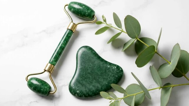 Jade roller and gua sha tool with eucalyptus sprigs on a marble surface