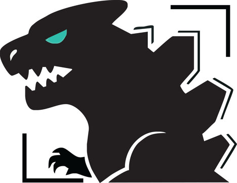 Silhouette of a stylized dinosaur with teal eyes, partially framed by a square border.