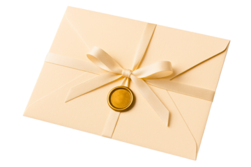 Elegant cream-colored envelope with a ribbon and gold wax seal on a transparent background