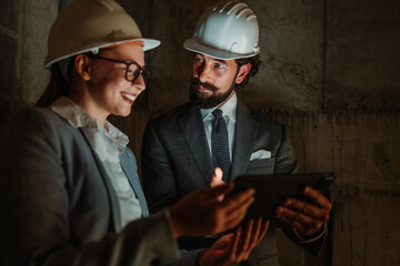 Architects using tablet discussing construction project in building under construction