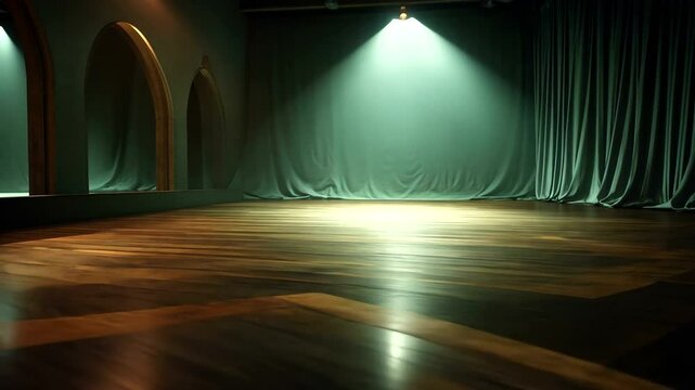 Empty dance studio with wooden floor and soft lighting