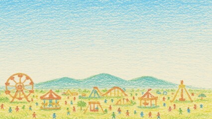 Obraz premium 遊園地全景のクレヨン画(16:9 横長バナー コピースペース)
