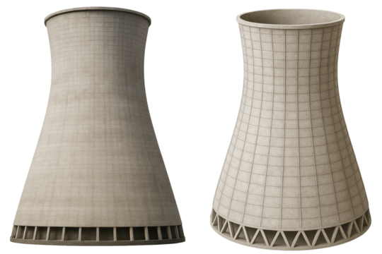 Two concrete cooling towers for a nuclear power plant on a transparent background