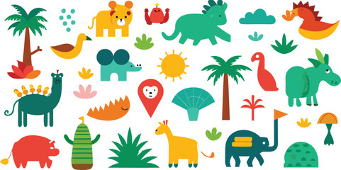 Vector art of a vibrant collection of cute cartoon animals and jungle elements.