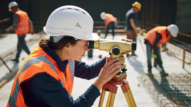 Female surveyor working on construction site with other workers