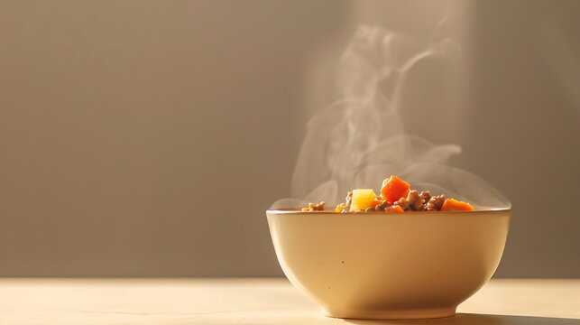 Steaming bowl of hearty stew with carrots and ground meat