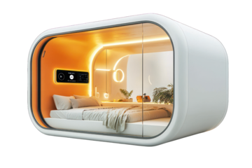 Modern, futuristic sleeping pod with bed and transparent walls