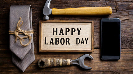 Happy labor day message on wooden sign with tie hammer wrench and smartphone on rustic wood background