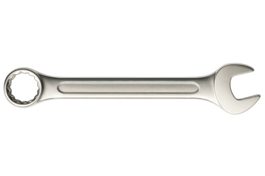 Metal combination wrench tool for mechanical repair work on a transparent background