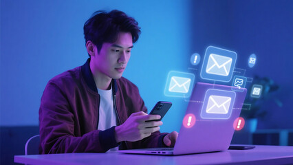 Man using phone and laptop with email notifications in a blue and purple illuminated environment