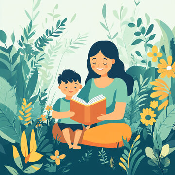Cartoon style illustration of a mother and child sit amidst lush green foliage, with the mother reading a book to her child.