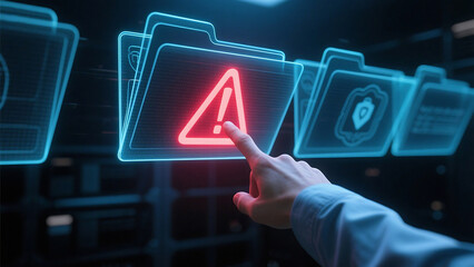 Finger touching a digital folder with a red warning sign among other folders in a blue neon style