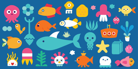 Fototapeta premium Vector art of a vibrant collection of cute cartoon sea creatures and elements on a blue background.