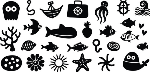 Vector art of a collection of stylized black and white marine life and nautical icons.