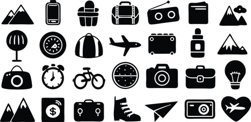 Vector art of a diverse collection of travel and adventure icons, including mountains, luggage, and transport.