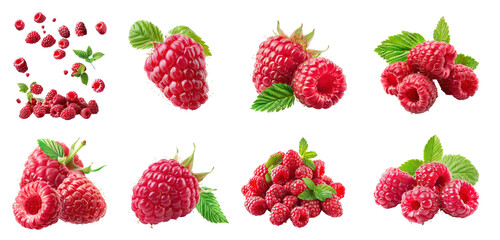 Collection of Heap of Fresh Raspberries, clipping path isolate on transparency background