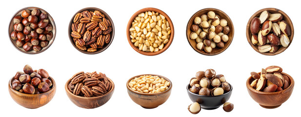 Collection of Chestnuts in a bowl top view isolate on transparency background