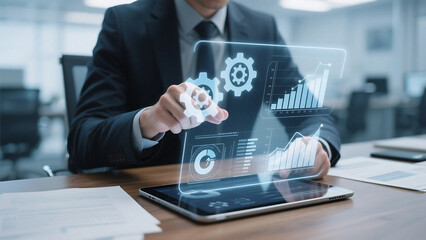 Businessman interacting with digital interface showing gears and financial charts on a tablet device