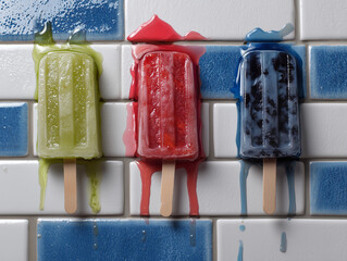 Beat the heat with a popsicle trio featuring strawberry, lime, and blueberry flavors on sticks