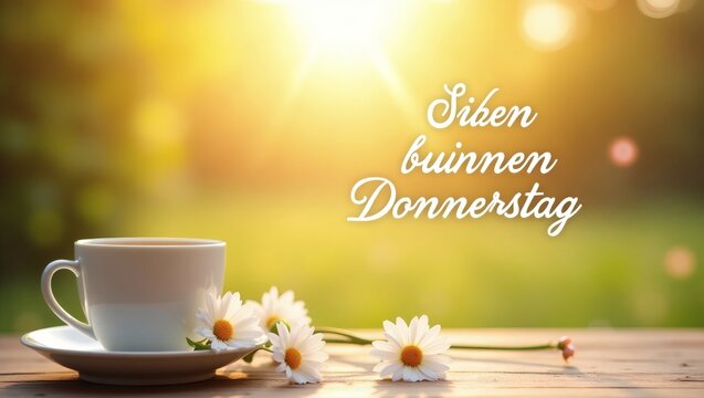 Bright and Cheerful Morning Scene with Coffee, Flowers, and Sunshine on Wooden Table &ndash; Soft Warm Tones with Handwritten &lsquo;Einen sch&ouml;nen Donnerstag&rsquo; Text, Cozy and Uplifting Greeting Design