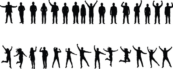 Silhouette, People, Jumping, Standing, Celebration, Teamwork, Unity, Group, Diversity, Happiness, Freedom, Movement, Expression, Clipart, Vector, Isolated, Pose, Joyful, White Background, Crowd