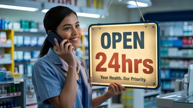 Friendly pharmacist holding open 24 hours sign while talking on phone in pharmacy