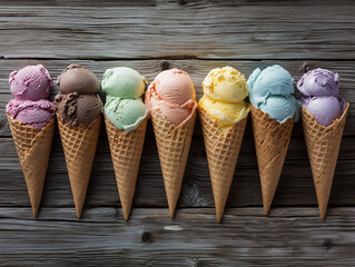 Row of Artisanal Ice Cream Cones Showcases Assorted Flavors Lined Up for Summer Treat Inspiration