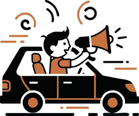 Cartoon man in a car using a megaphone to broadcast a message.