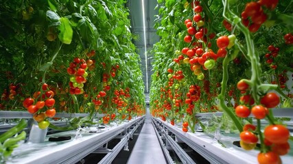 Indoor hydroponic tomato plant agriculture with ripe red and green fruit growing modern controlled environment farm fresh healthy produce vertical - Powered by Adobe