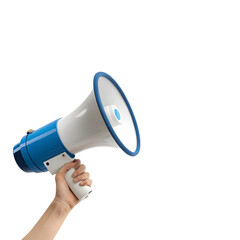 Hand holding a blue megaphone announcement concept, isolated on transparent background, PNG file