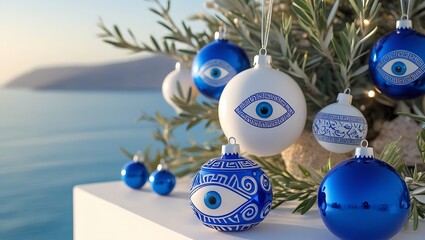 Festive Greek Christmas with charming evil eye ornaments against an Aegean Sea backdrop.