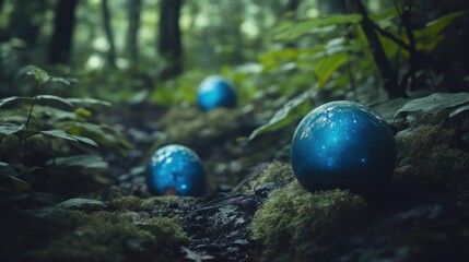 Mystical Forest Path: Luminous Blue Spheres Amidst Lush Greenery