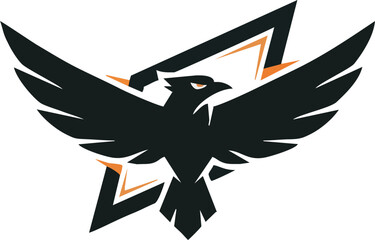 A stylized black raven with outstretched wings, set against a geometric star-like shape.