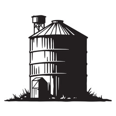 Simple black and white illustration of a farm grain silo with tall storage capacity