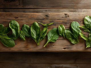 Fototapeta premium Spinach Leaves Scattered Across Rough Wooden Surface Highlight Fresh Green Texture for Food Styling Ideas