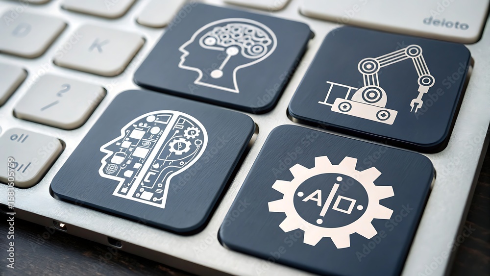Fototapete Ai and robotics icons on a computer keyboard symbolize the integration of artificial intelligence into everyday technology