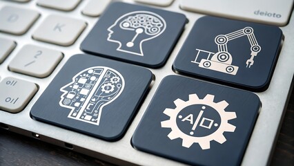 Ai and robotics icons on a computer keyboard symbolize the integration of artificial intelligence into everyday technology