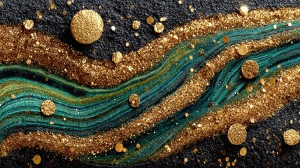 Golden and Teal River: An abstract close-up view of a mesmerizing river of teal and gold flowing across a dark surface, resembling precious gems and creating a visually stunning pattern.