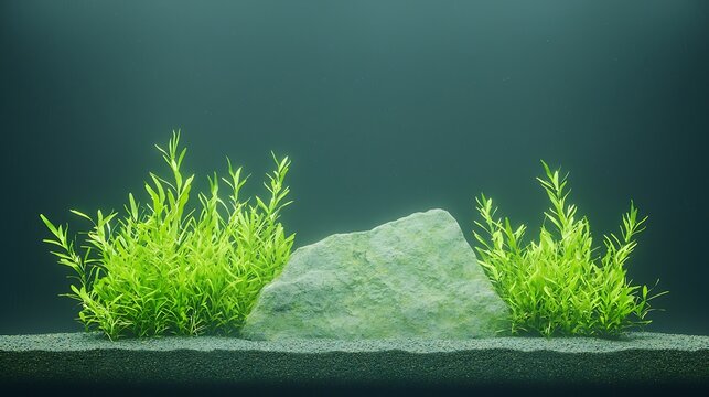 Vibrant green aquatic plants flank a textured grey stone on a dark background