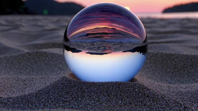 mesmerizing sunset reflected through a crystal glass sphere positioned on a phuket beach showing a spherical surreal view of the shoreline perfect for travel inspiration or unique visual concepts