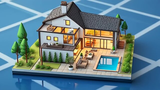 Modern Isometric House Design Animation Loop Showcasing Exterior Features and Architectural Details