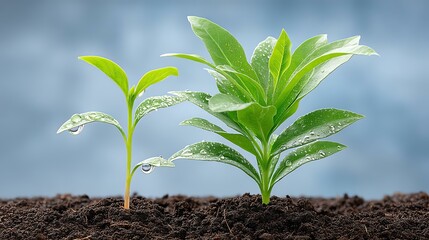 Fresh green plants growing in rich soil.