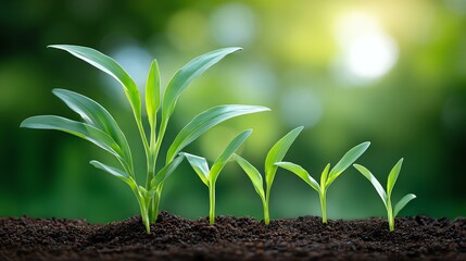 Growth stages of green plants in fertile soil.