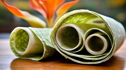 Green Spirals with Floral Accent: A close-up of rolled greenery and a vibrant blossom creates a