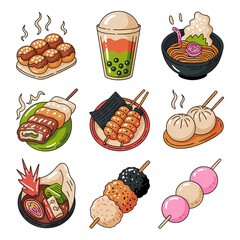 Hand-Drawn Asian Street Food Sticker Pack Illustration