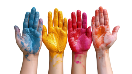 Vivid hands painted with bright hues against black suggest collaboration, artistry, and diverse creative expression, ideal for inclusive design.