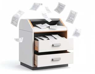 White Cash Drawer with Flying Receipts and Transaction Icons on a Clear Background Isolated Background